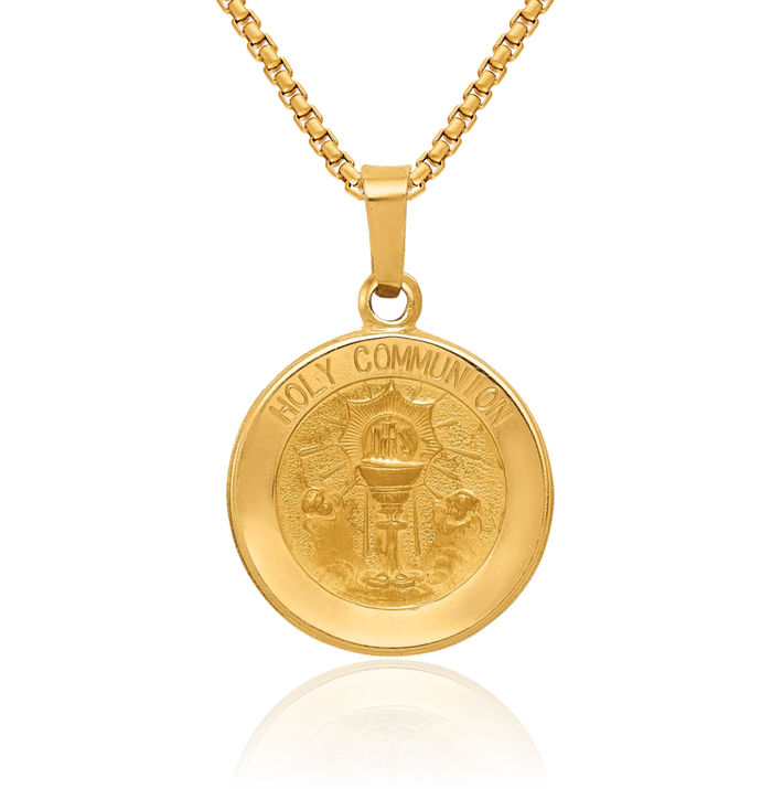 14K Solid Yellow Gold First Holy Communion Medal Necklace Chain Pendant Charm