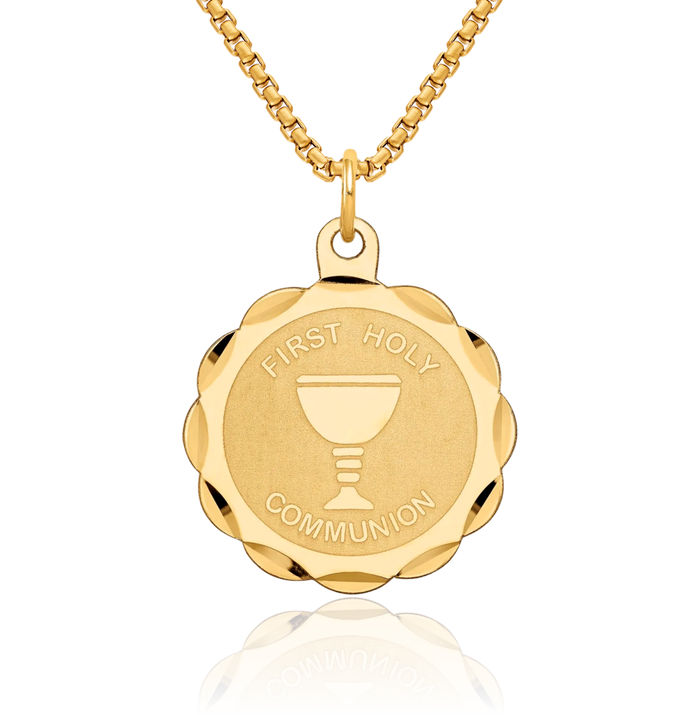14K Solid Yellow Gold First Holy Communion Disc Necklace Chain Pendant Charm