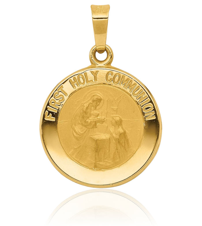 14K Solid Yellow Gold First Holy Communion Medal Necklace Chain Pendant Charm