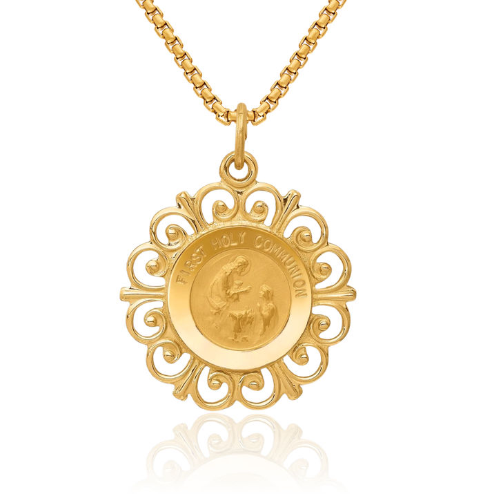 14K Solid Yellow Gold First Holy Communion Necklace Chain Pendant Charm