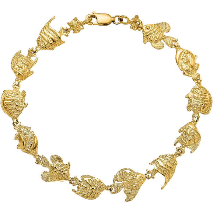 14K Solid Yellow Gold Fish Chain Charm Bracelet