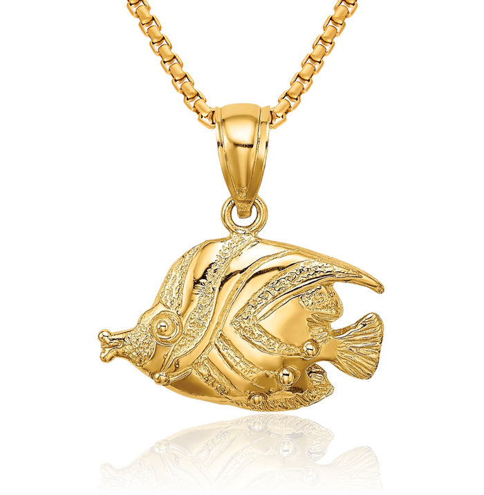 14K Solid Yellow Gold Fish Necklace Chain Pendant Charm