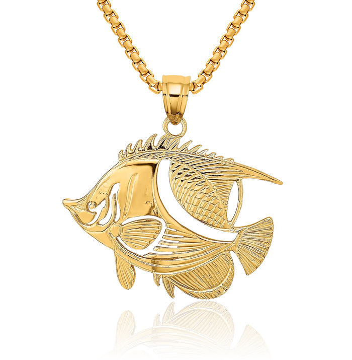 14K Solid Yellow Gold Fish Necklace Chain Pendant Charm