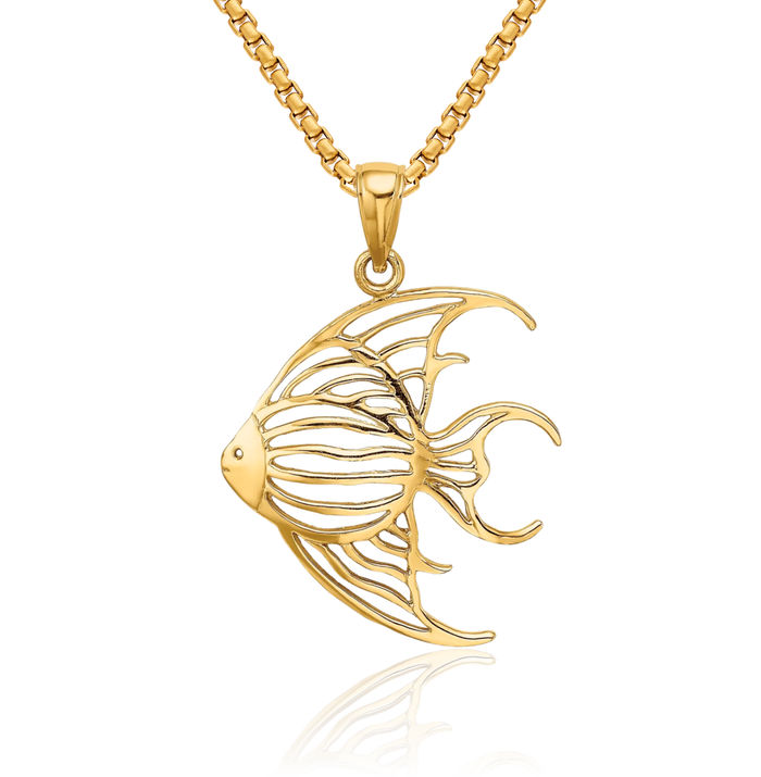 14K Solid Yellow Gold Fish Necklace Chain Pendant Charm