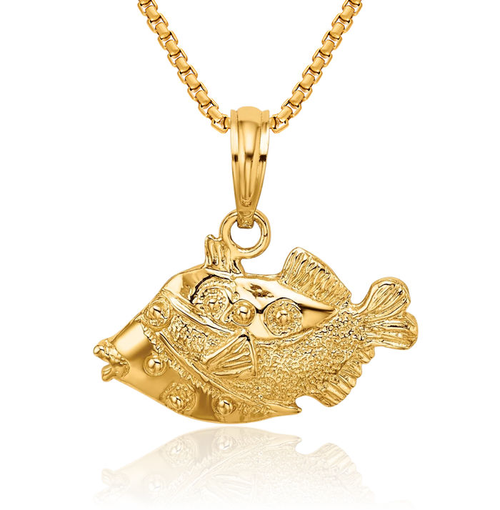 14K Solid Yellow Gold Fish Necklace Chain Pendant Charm