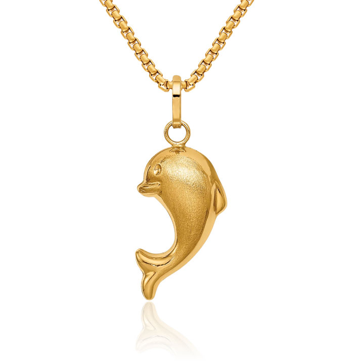 14K Solid Yellow Gold Fish Necklace Chain Pendant Charm