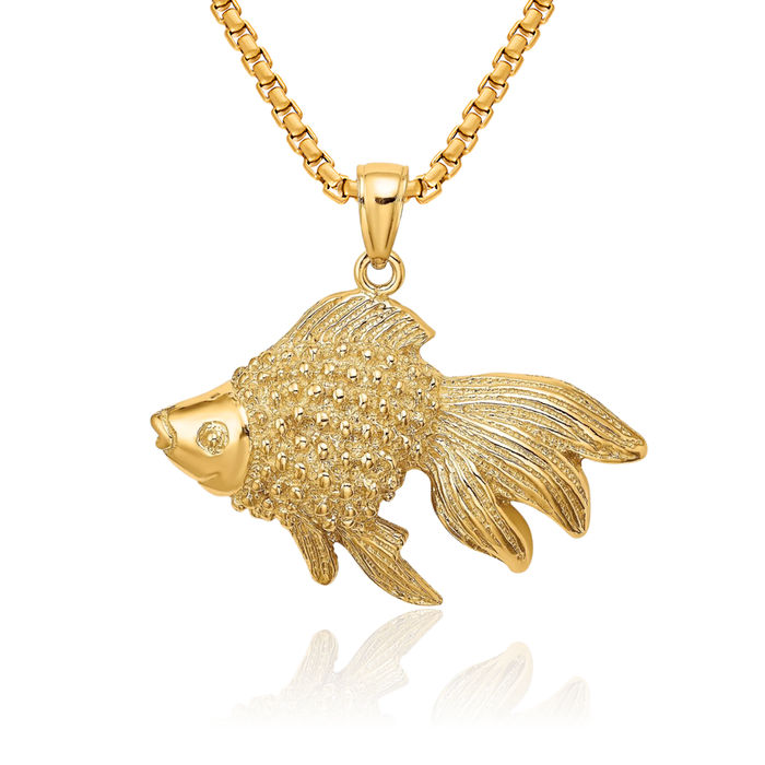 14K Solid Yellow Gold Fish Necklace Chain Pendant Charm