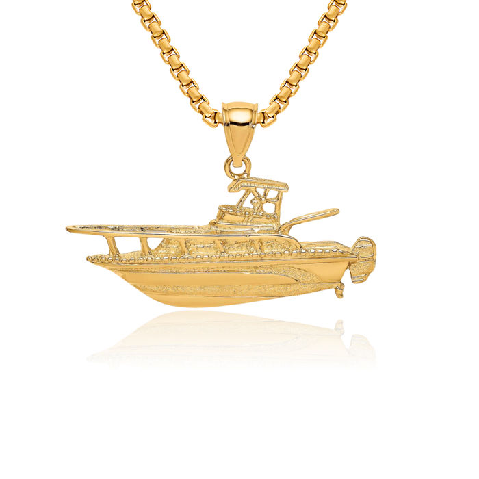 14K Solid Yellow Gold Fishing Boat Necklace Chain Pendant Charm