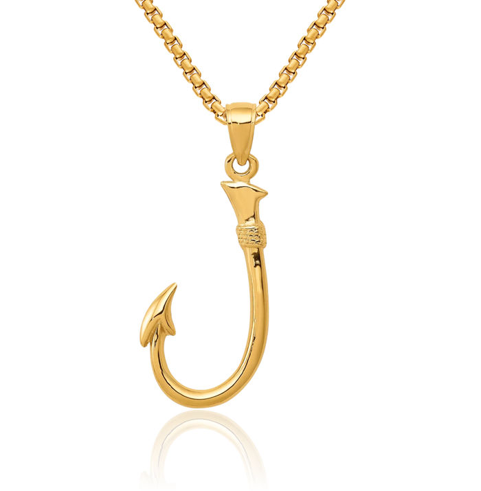 14K Solid Yellow Gold Fishing Hook Necklace Chain Pendant Charm