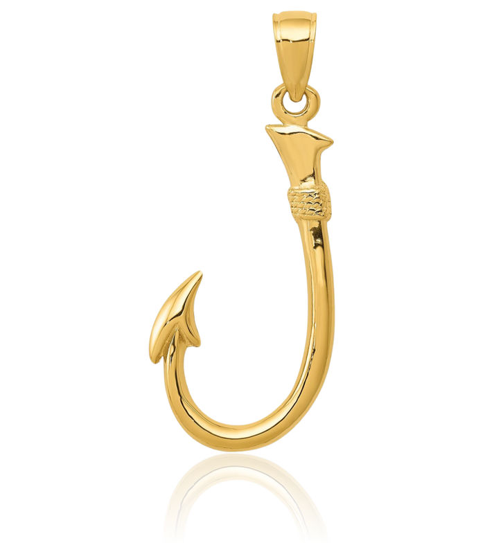 14K Solid Yellow Gold Fishing Hook Necklace Chain Pendant Charm