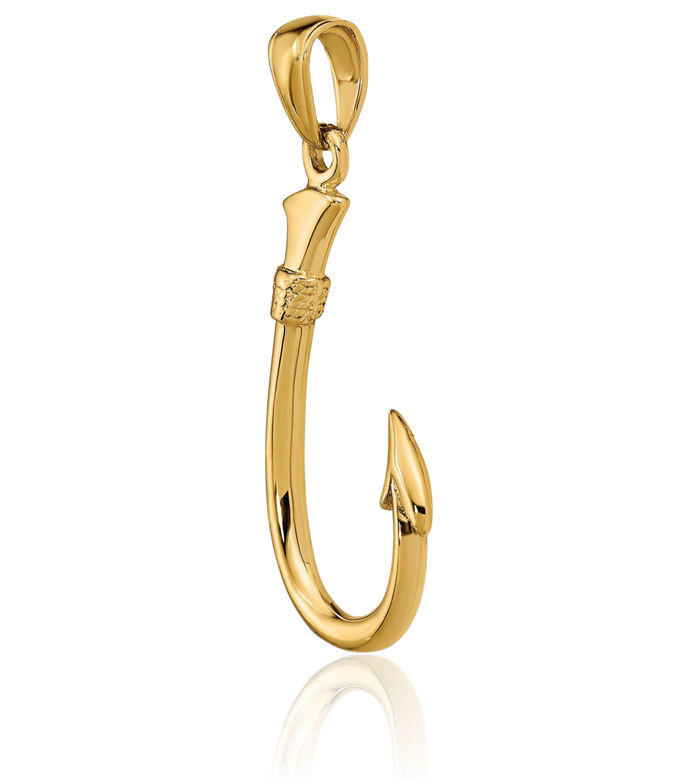 14K Solid Yellow Gold Fishing Hook Necklace Chain Pendant Charm