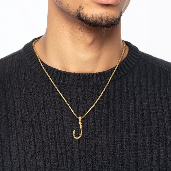 14K Solid Yellow Gold Large Fishing Hook Pendant Necklace