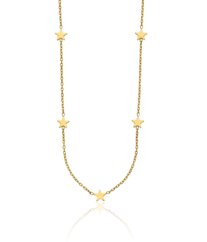 14K Solid Yellow Gold Five Star Station Necklace Chain