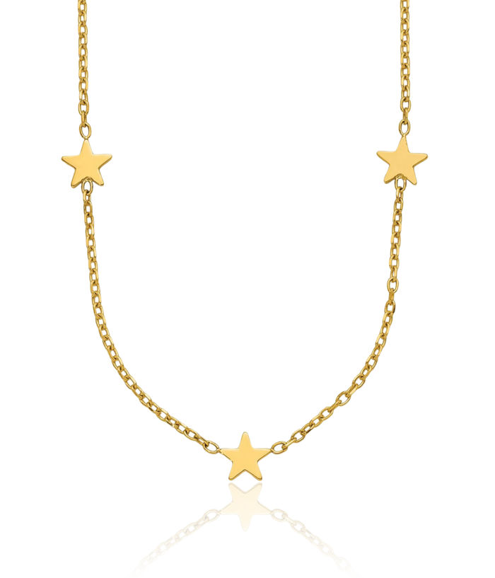 14K Solid Yellow Gold Five Star Station Necklace Chain