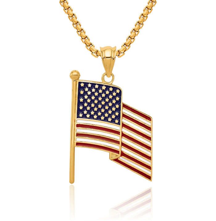 14K Solid Yellow Gold Flag Necklace Chain Pendant Charm