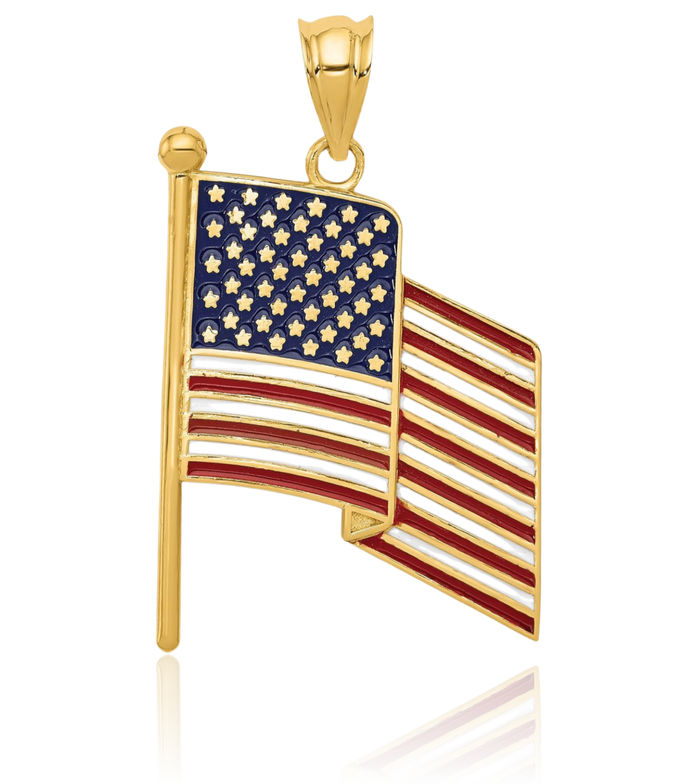 14K Solid Yellow Gold Flag Necklace Chain Pendant Charm