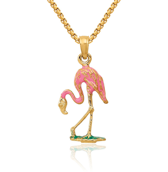 14K Solid Yellow Gold Flamingo Necklace Tropical Bird Pendant Summer Beach Charm