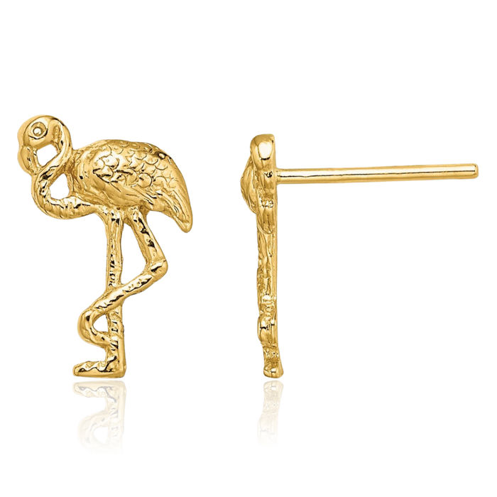 14K Solid Yellow Gold Flamingo Studs Summer Beach Earrings Tropical Bird Jewelry