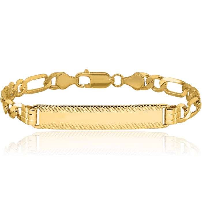 14K Solid Yellow Gold Figaro Link Name Bar Identification ID Bracelet