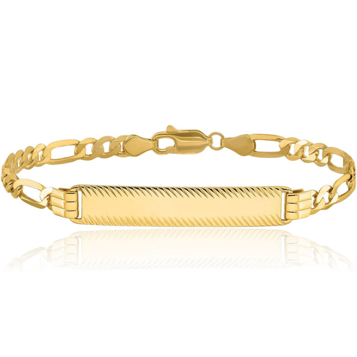 14K Solid Yellow Gold Figaro Link Name Bar Identification ID Bracelet