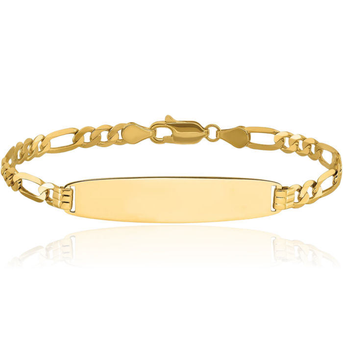 14K Solid Yellow Gold Figaro Link Round Name Bar Identification ID Bracelet