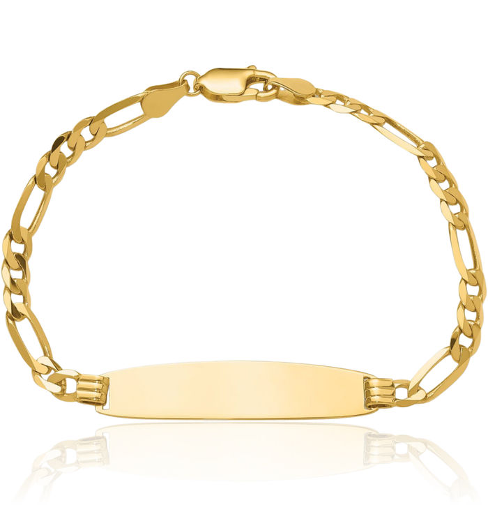 14K Solid Yellow Gold Figaro Link Round Name Bar Identification ID Bracelet