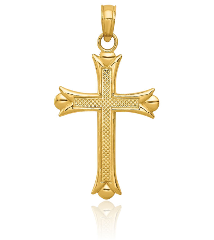 14K Solid Yellow Gold French Fleur De Lis Lily Flower Holy Cross Necklace Religious Chain Pendant Jesus Christ Charm