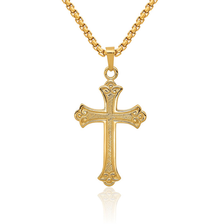 14K Solid Yellow Gold French Fleur De Lis Lily Flower Holy Cross Necklace Religious Chain Pendant Jesus Christ Charm