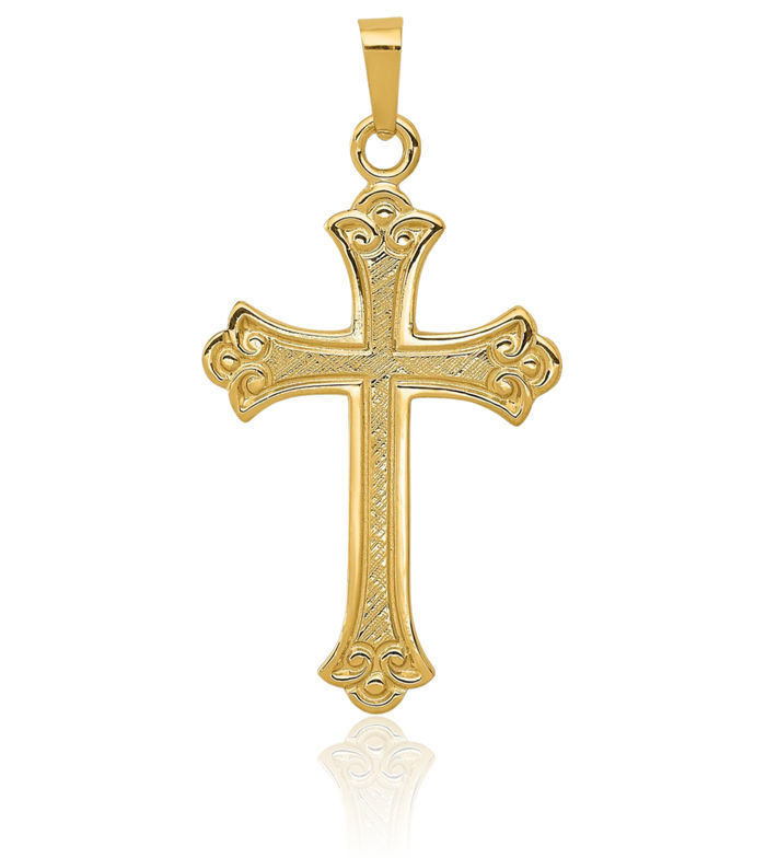 14K Solid Yellow Gold French Fleur De Lis Lily Flower Holy Cross Necklace Religious Chain Pendant Jesus Christ Charm