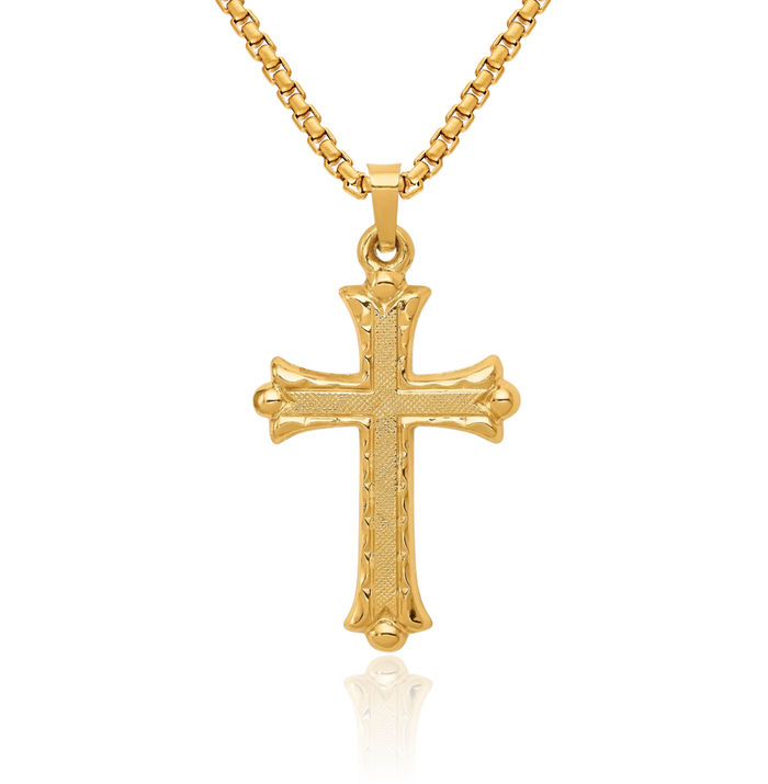 14K Solid Yellow Gold French Fleur De Lis Lily Flower Holy Cross Necklace Religious Chain Pendant Jesus Christ Charm