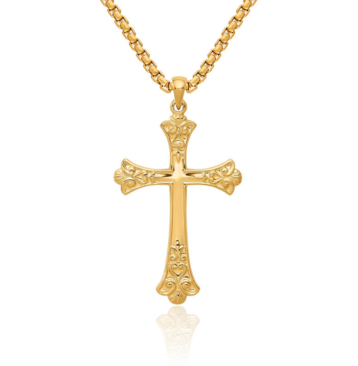 14K Solid Yellow Gold French Fleur De Lis Lily Flower Holy Cross Necklace Religious Chain Pendant Jesus Christ Charm