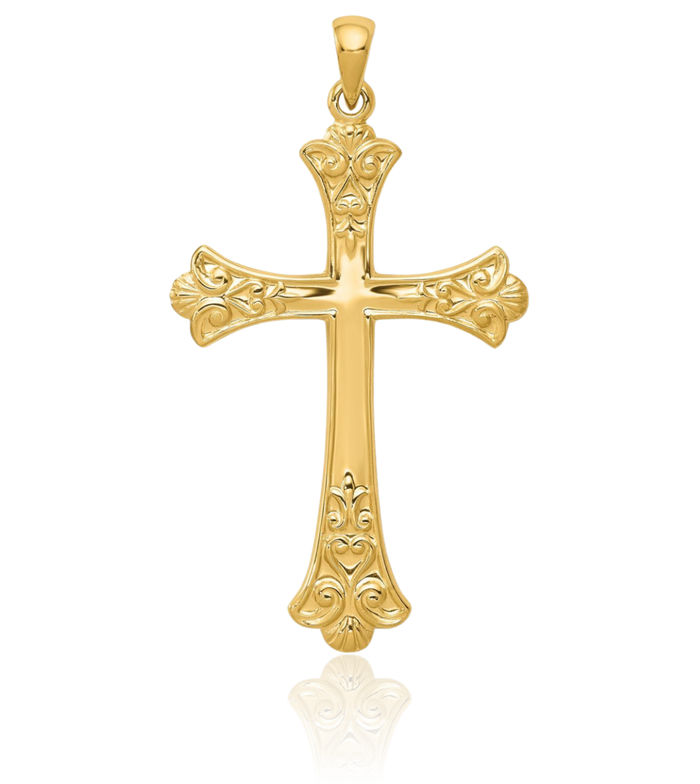 14K Solid Yellow Gold French Fleur De Lis Lily Flower Holy Cross Necklace Religious Chain Pendant Jesus Christ Charm