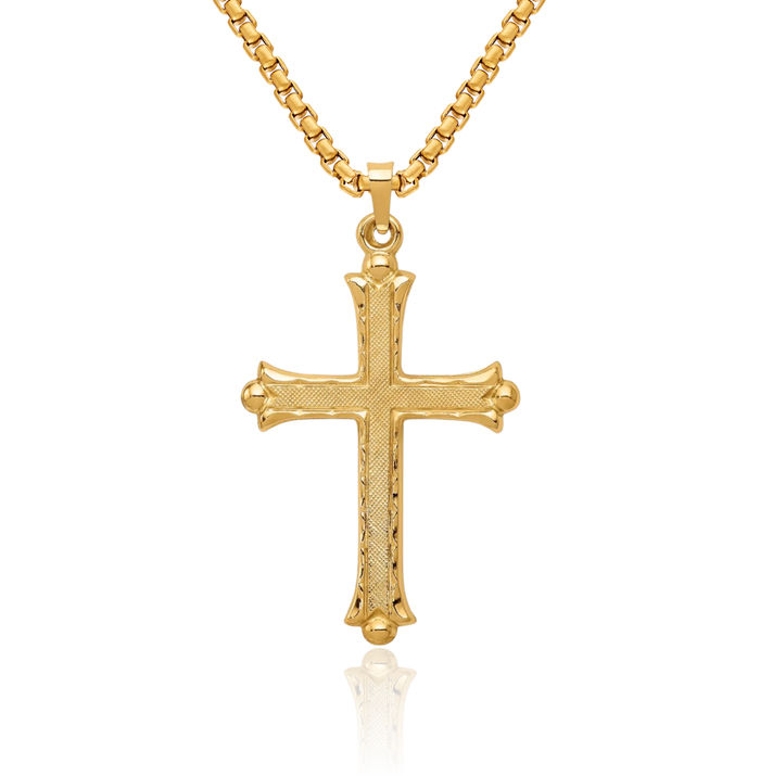 14K Solid Yellow Gold French Fleur De Lis Lily Flower Holy Cross Necklace Religious Chain Pendant Jesus Christ Charm