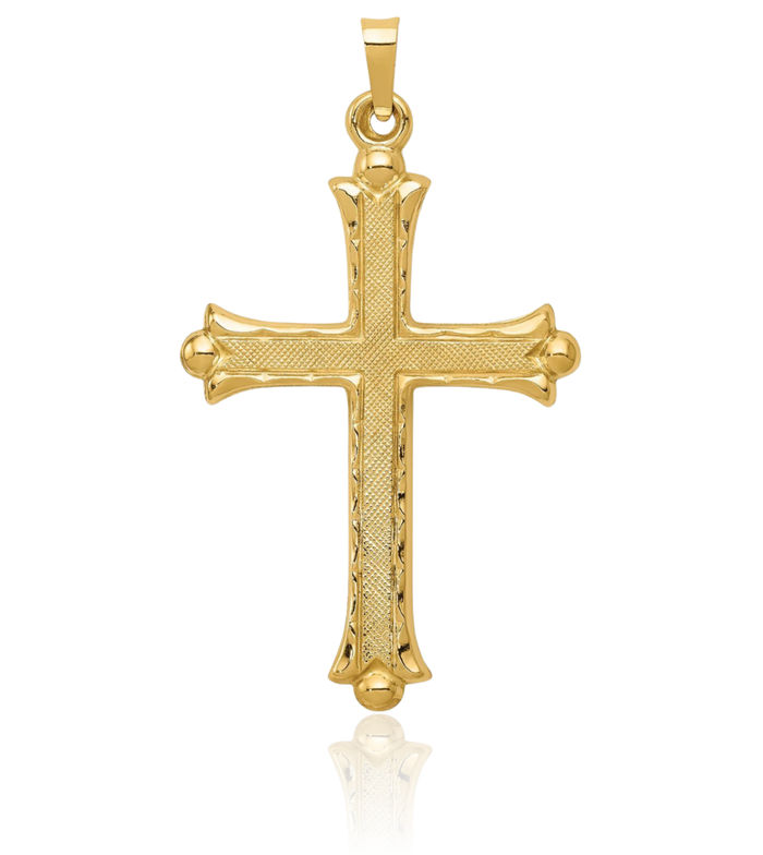 14K Solid Yellow Gold French Fleur De Lis Lily Flower Holy Cross Necklace Religious Chain Pendant Jesus Christ Charm