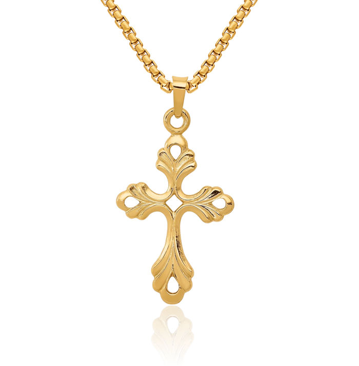 14K Solid Yellow Gold French Fleur De Lis Lily Flower Holy Cross Necklace Religious Chain Pendant Jesus Christ Charm