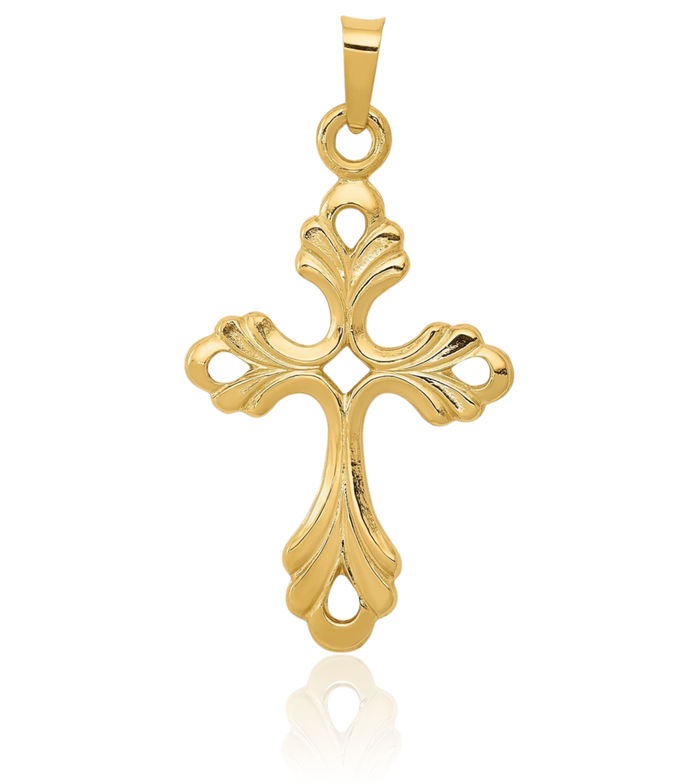 14K Solid Yellow Gold French Fleur De Lis Lily Flower Holy Cross Necklace Religious Chain Pendant Jesus Christ Charm