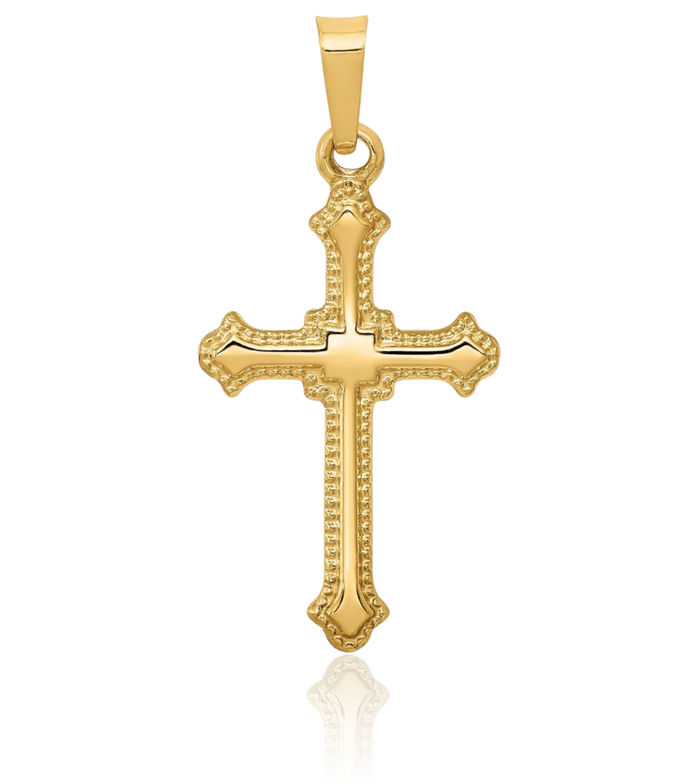 14K Solid Yellow Gold French Fleur De Lis Lily Flower Holy Cross Necklace Religious Chain Pendant Jesus Christ Charm