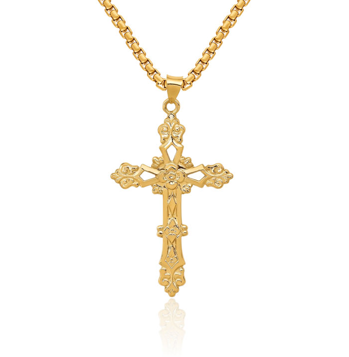 14K Solid Yellow Gold French Fleur De Lis Lily Flower Holy Cross Necklace Religious Chain Pendant Jesus Christ Charm