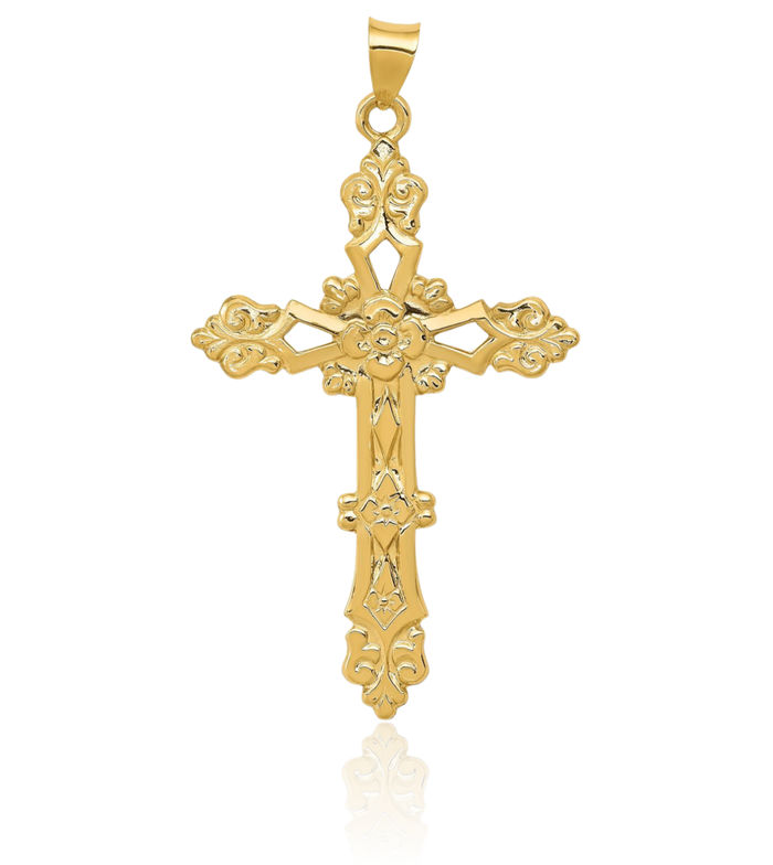 14K Solid Yellow Gold French Fleur De Lis Lily Flower Holy Cross Necklace Religious Chain Pendant Jesus Christ Charm