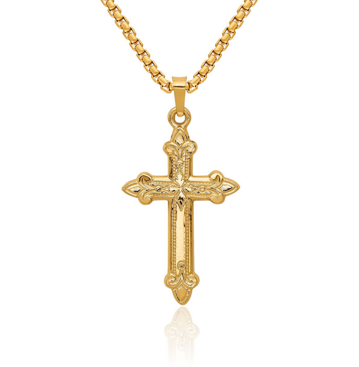 14K Solid Yellow Gold French Fleur De Lis Lily Flower Holy Cross Necklace Religious Chain Pendant Jesus Christ Charm