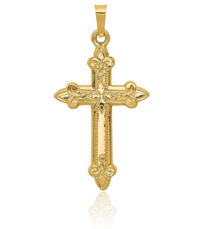 14K Solid Yellow Gold French Fleur De Lis Lily Flower Holy Cross Necklace Religious Chain Pendant Jesus Christ Charm