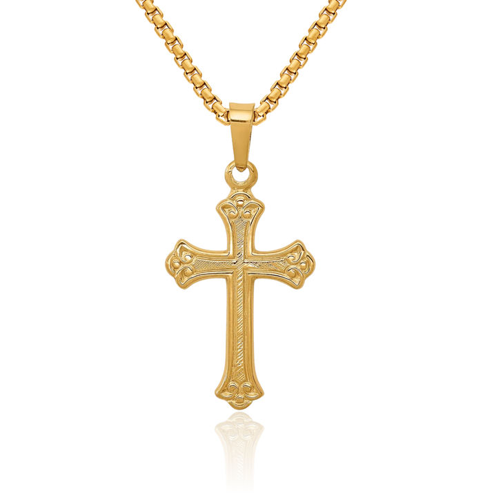 14K Solid Yellow Gold French Fleur De Lis Lily Flower Holy Cross Necklace Religious Chain Pendant Jesus Christ Charm