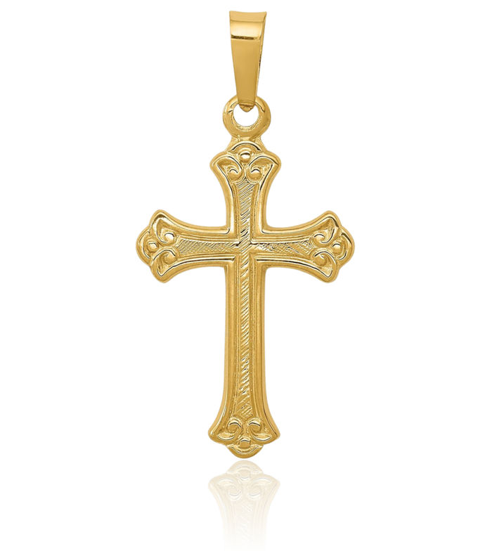 14K Solid Yellow Gold French Fleur De Lis Lily Flower Holy Cross Necklace Religious Chain Pendant Jesus Christ Charm