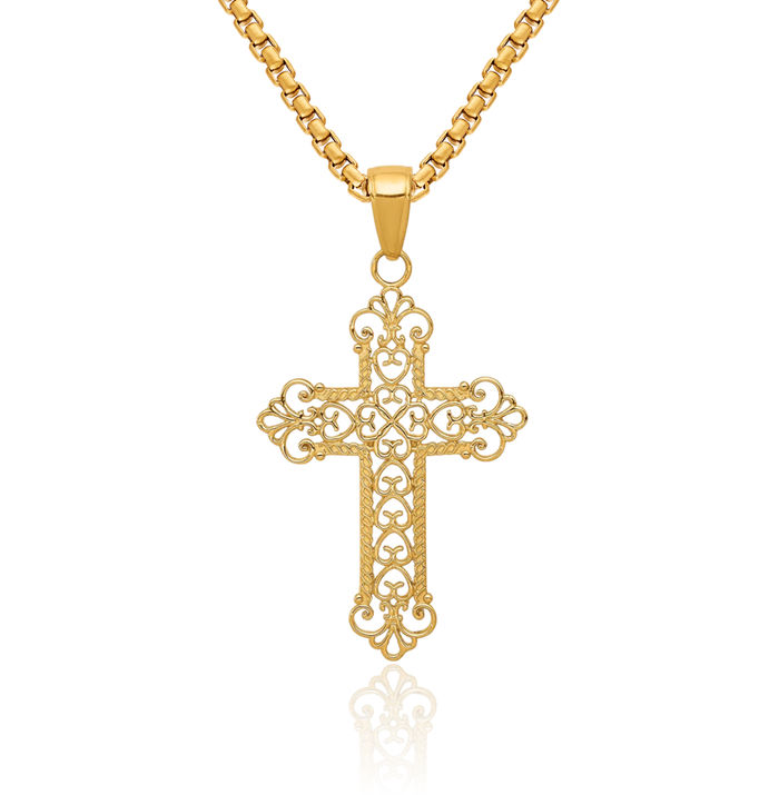 14K Solid Yellow Gold French Fleur De Lis Lily Flower Holy Cross Necklace Religious Chain Pendant Jesus Christ Charm