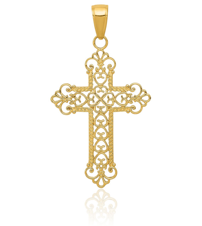14K Solid Yellow Gold French Fleur De Lis Lily Flower Holy Cross Necklace Religious Chain Pendant Jesus Christ Charm
