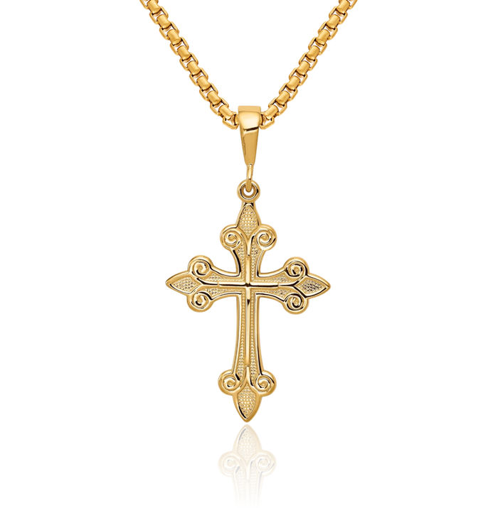 14K Solid Yellow Gold French Fleur De Lis Lily Flower Holy Cross Necklace Religious Chain Pendant Jesus Christ Charm
