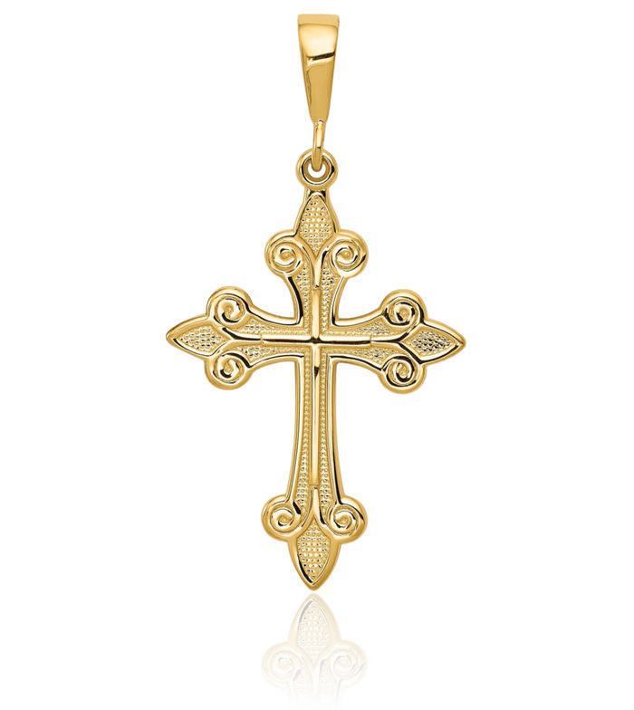 14K Solid Yellow Gold French Fleur De Lis Lily Flower Holy Cross Necklace Religious Chain Pendant Jesus Christ Charm
