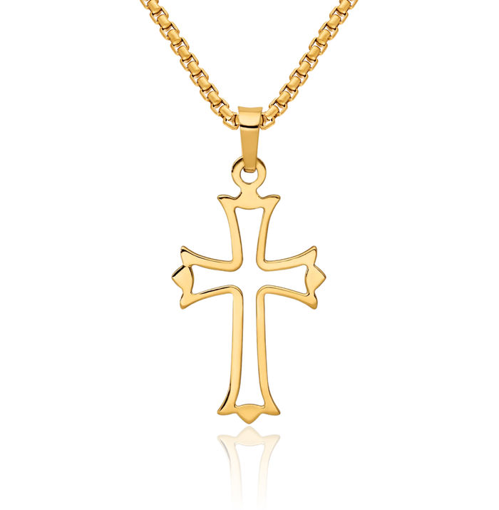 14K Solid Yellow Gold French Fleur De Lis Lily Flower Holy Cross Necklace Religious Chain Pendant Jesus Christ Charm