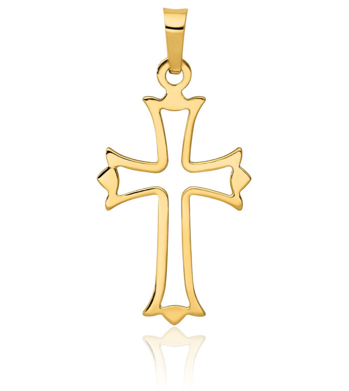 14K Solid Yellow Gold French Fleur De Lis Lily Flower Holy Cross Necklace Religious Chain Pendant Jesus Christ Charm
