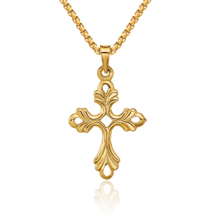 14K Solid Yellow Gold French Fleur De Lis Lily Flower Holy Cross Necklace Religious Chain Pendant Jesus Christ Charm